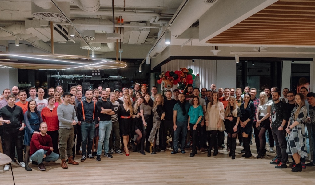 Group photo of team members at Christmas party